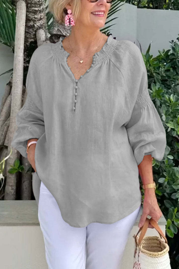 Blusa informal de color liso con cuello en V para mujer