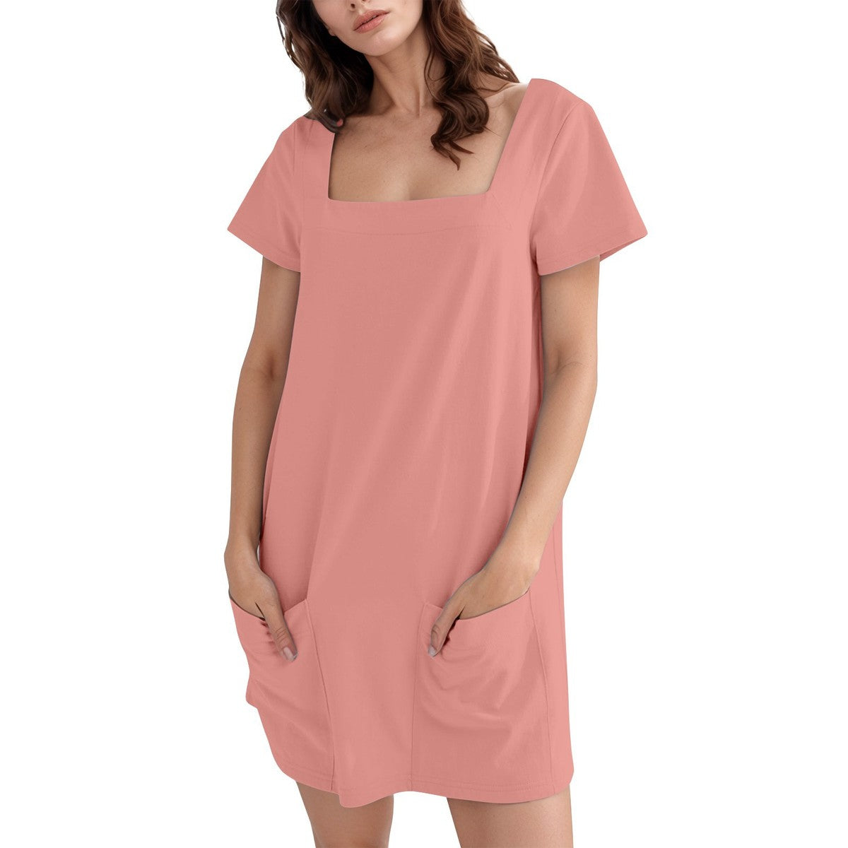 Women Fashion Casual Solid Color Square Neck Dress
