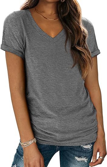Summer Women Casual Solid Color V-Neck Short Sleeve Blank T-Shirt