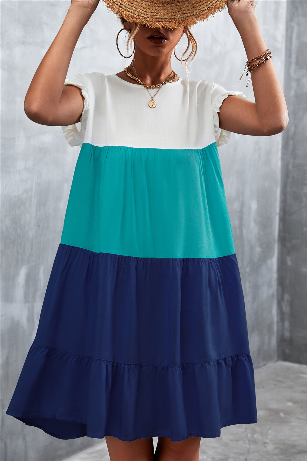 Women Bohemian Summer Short Sleeves Color Blocking Ruffled Dress