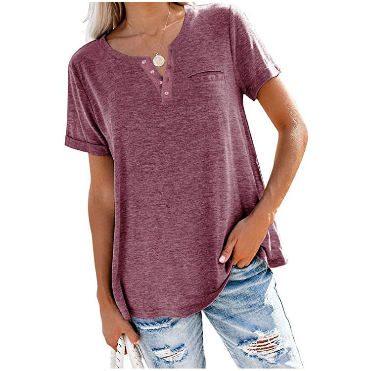 Camiseta informal holgada de verano para mujer, color liso, con cuello en V