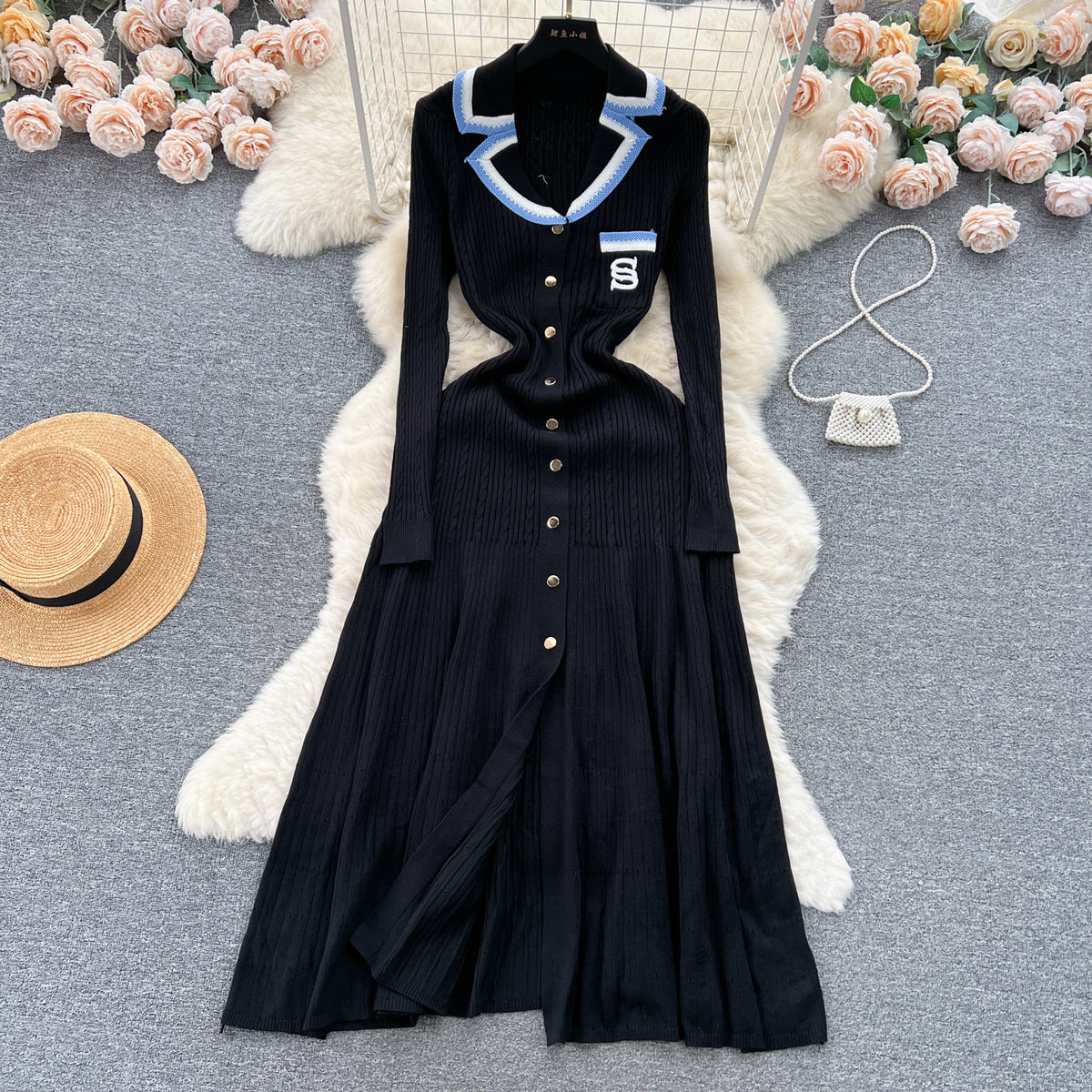 Women Fashion Elegant Contrast Color Knitted Dress