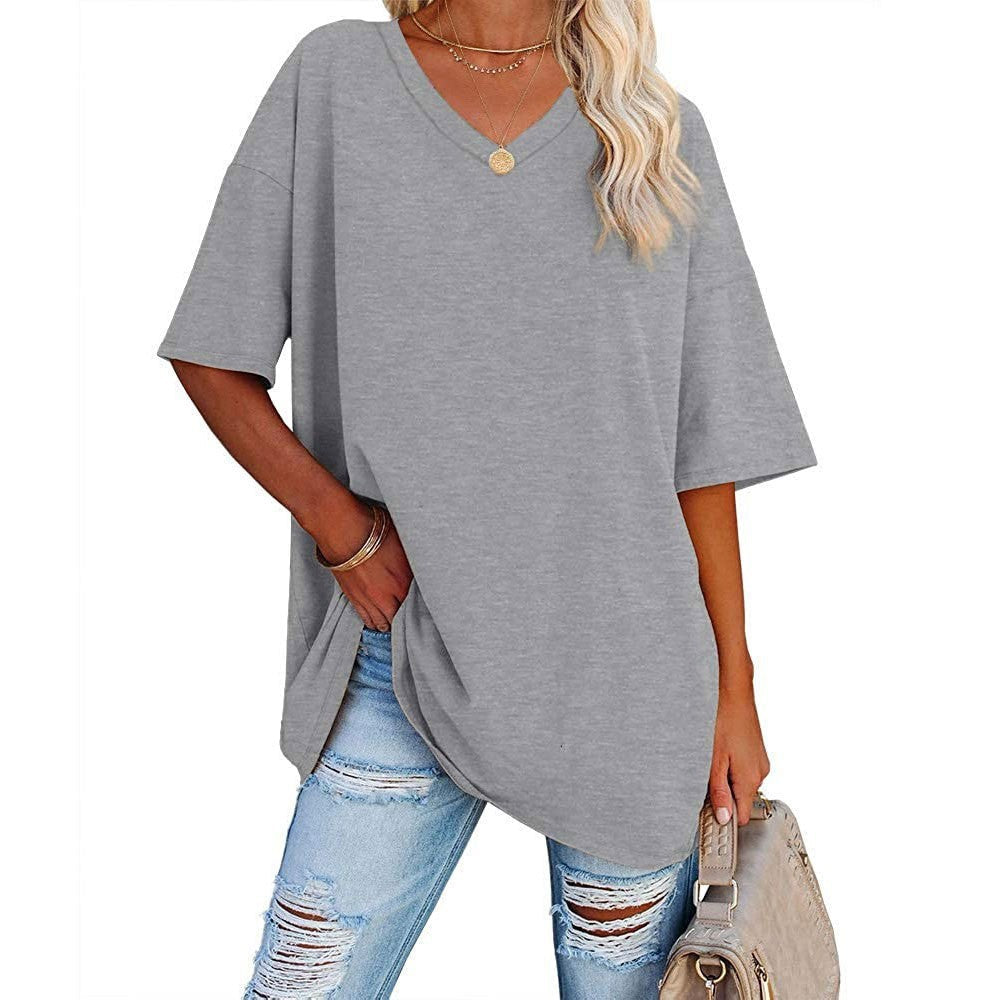 Camiseta informal holgada de manga corta con cuello en V para mujer, color liso