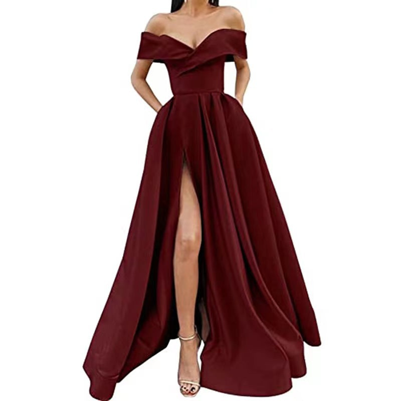 Women Sexy Elegant Satin Deep V-Neck Off Shoulder Party Dress