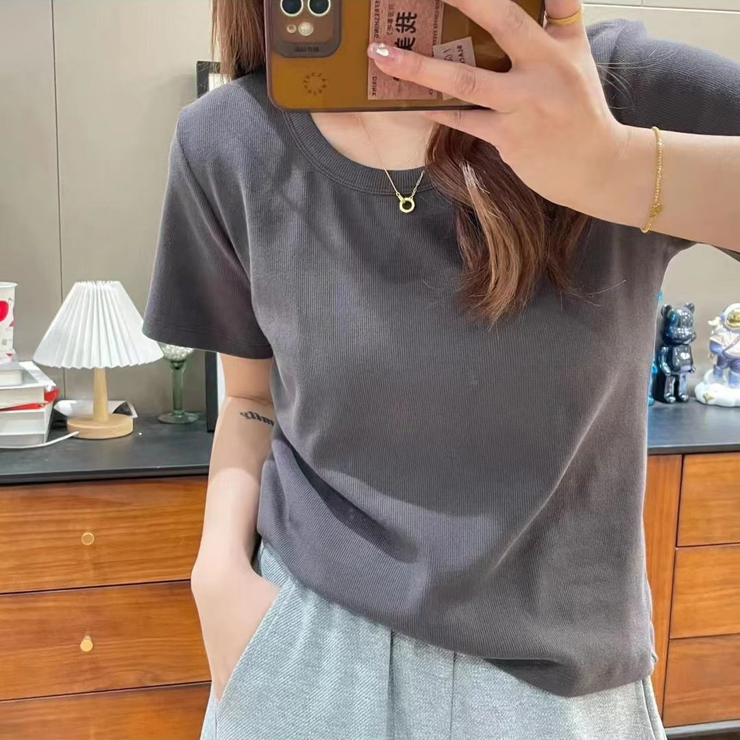 Fashion Basic Women Solid Color Rib-Knit Short Sleeve Blank T-Shirt