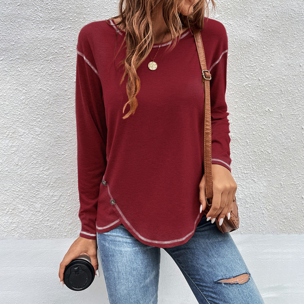 Women Simple Solid Color Button Irregular Round Neck Long Sleeve Blank T-Shirt