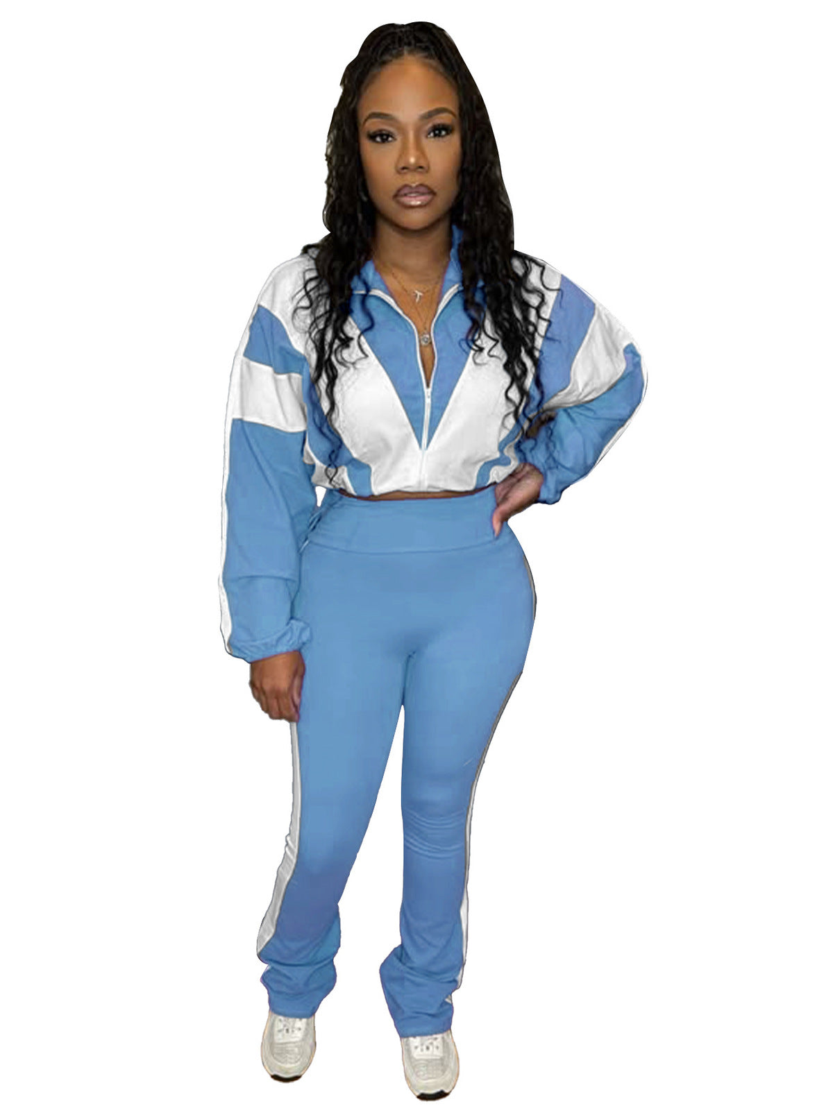 Women Athleisure Rubber Buckle Tight Waist Crop Sweatshirt Pants Set