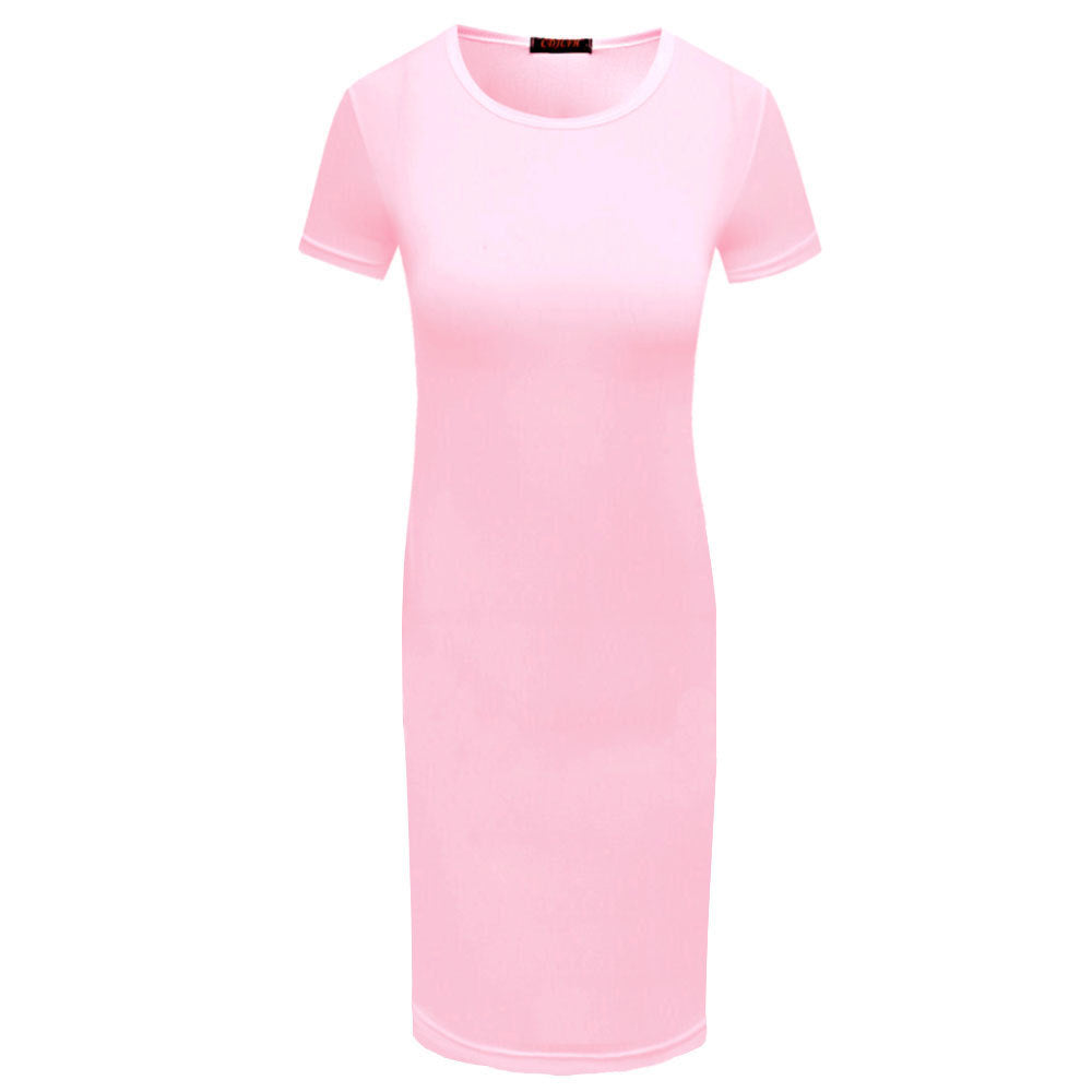 Women Short Sleeve Bodycon Dress with Solid Color Fabric