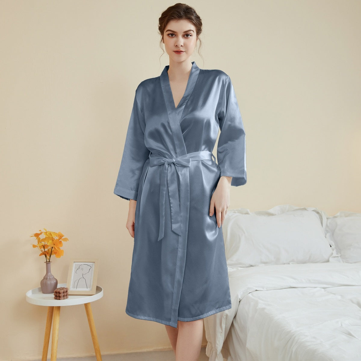 Pyjama à lacets et manches longues en satin pour femme, style décontracté et ample