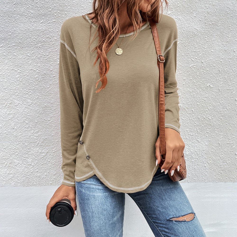 Women Simple Solid Color Button Irregular Round Neck Long Sleeve Blank T-Shirt
