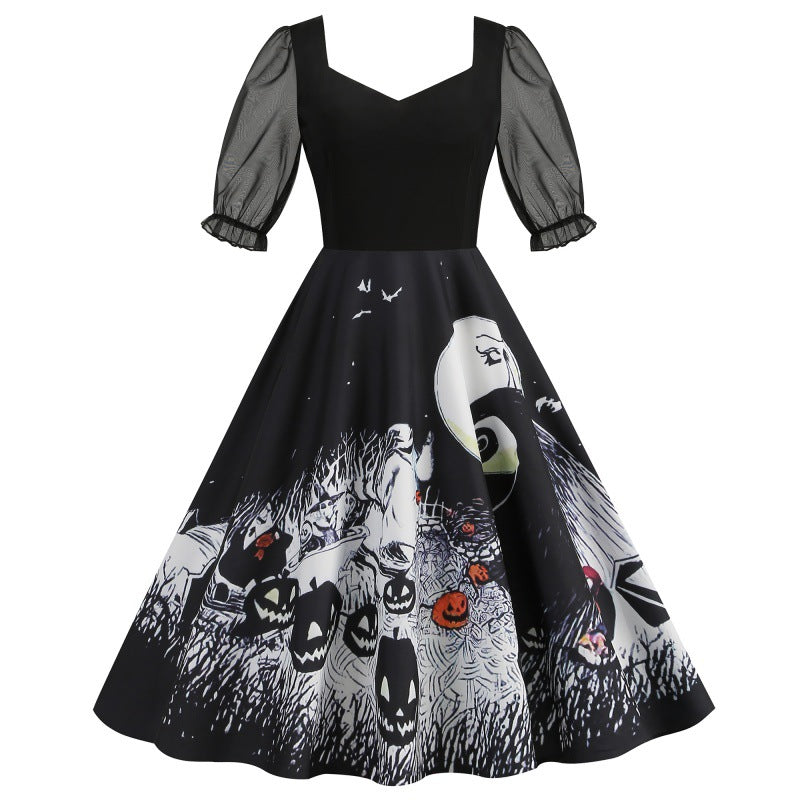 Halloween Party Mesh Sleeve Vintage Printed Dress