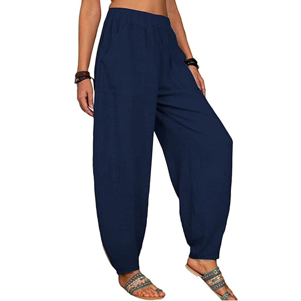 Pantalones harén de lino y algodón informales a la moda para mujer