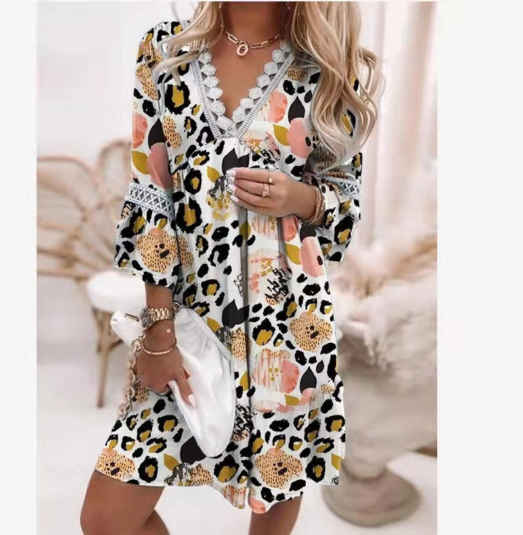 Vestido elegante de primavera bohemio para mujer, de manga larga, cuello en V y encaje con volantes