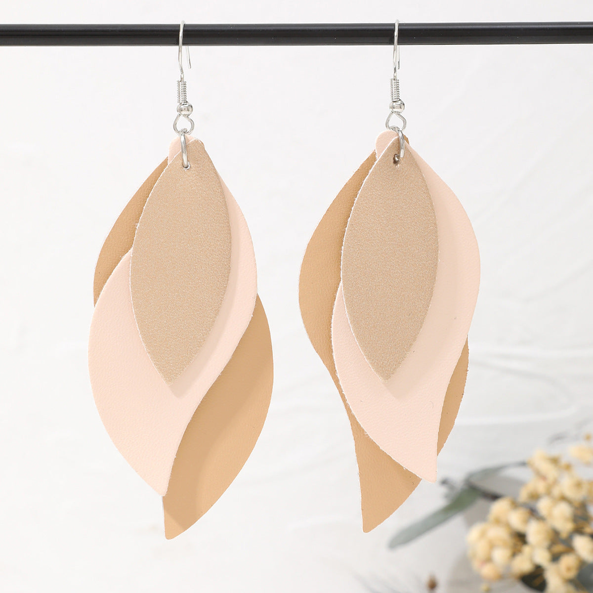 Women Fashion Pu Leather Triple Leaf Shape Earrings