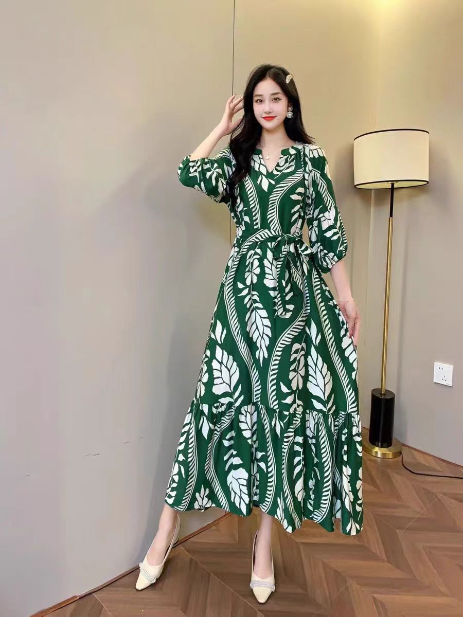 Vestido informal de gasa con cuello en V y estampado para mujer