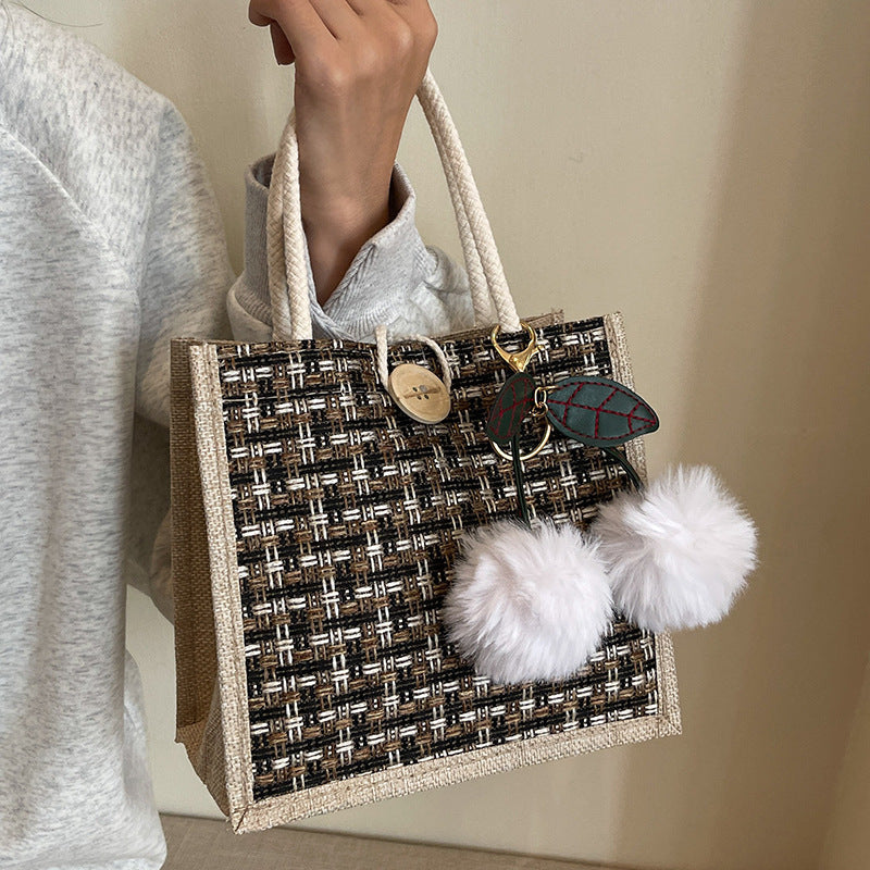 Women Fashion Casual Color Block Cherry Pendant Tote Bag