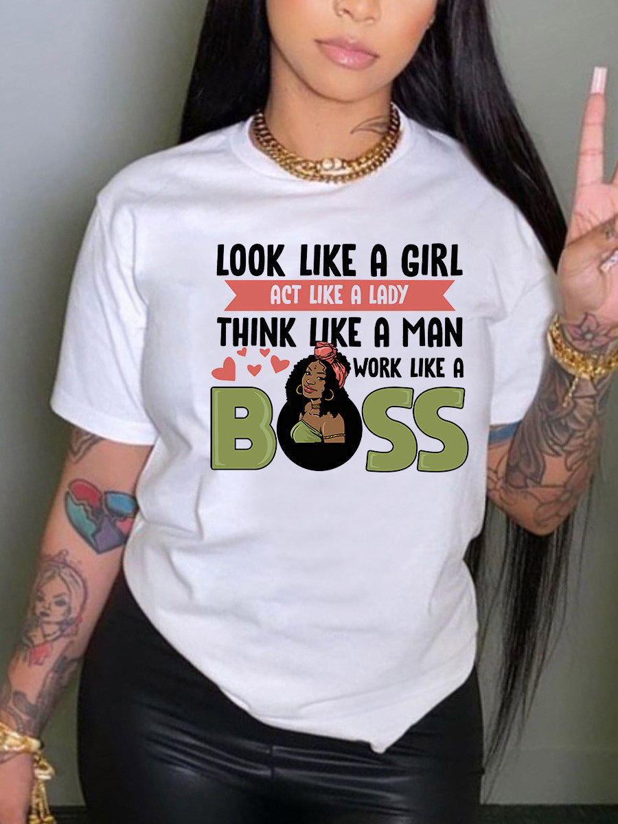 Camiseta informal con cuello redondo y estampado para mujer