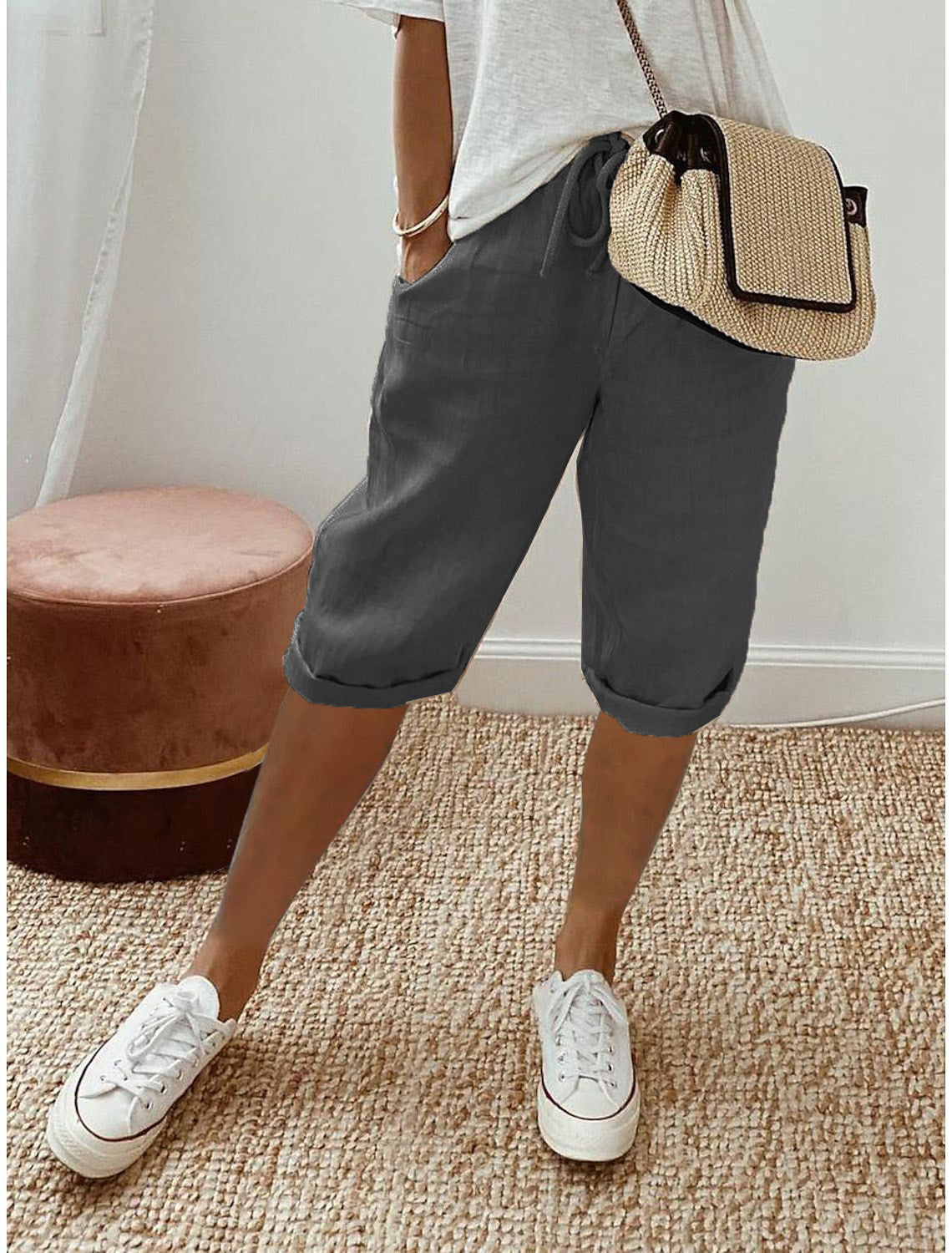 Pantalones casuales de lino y algodón de color liso a la moda para mujer