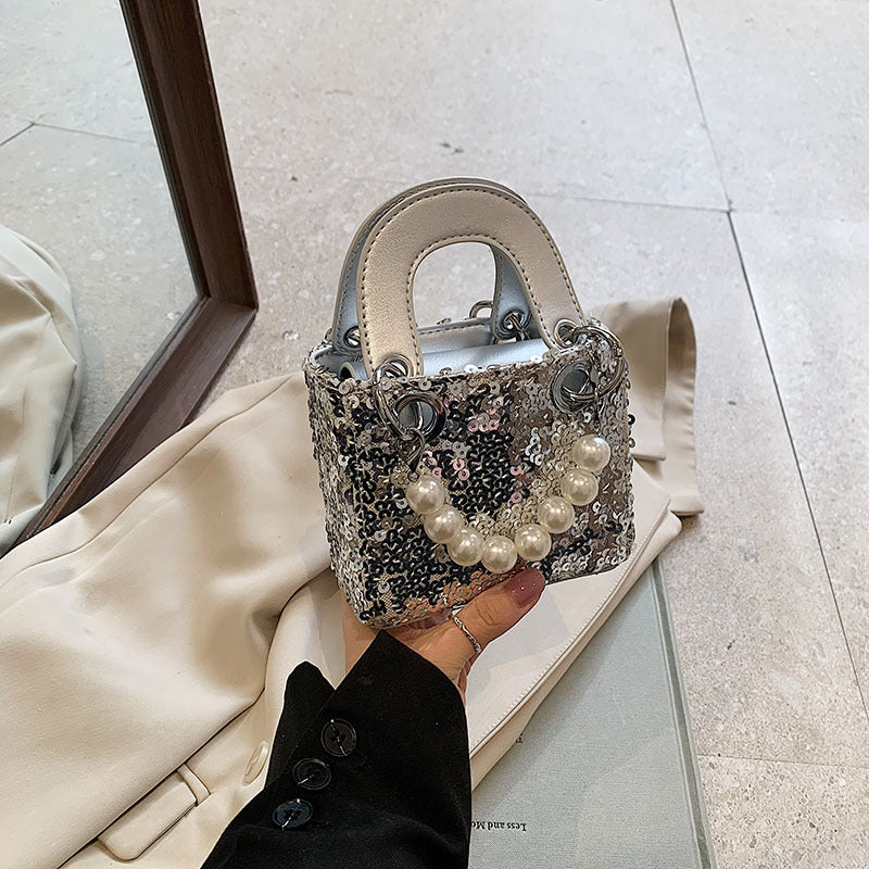 Mini bolso bandolera de verano con lentejuelas brillantes y correa de perlas