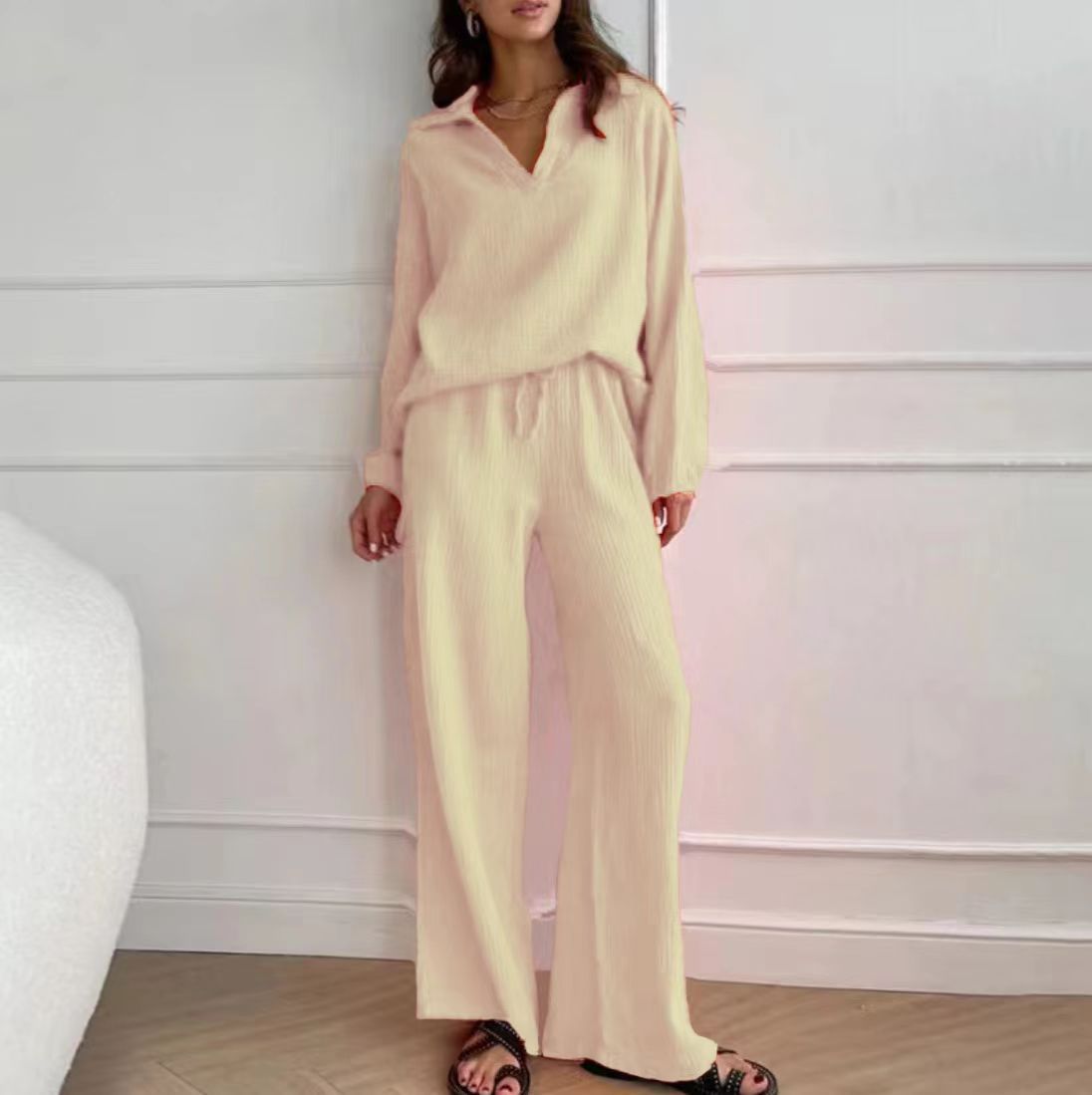 Ensemble deux pièces à col en V et couleur unie pour femme