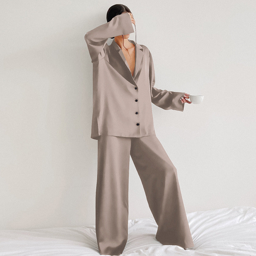 Women's Long-Sleeved Solid Satin Two-Piece Pajamas