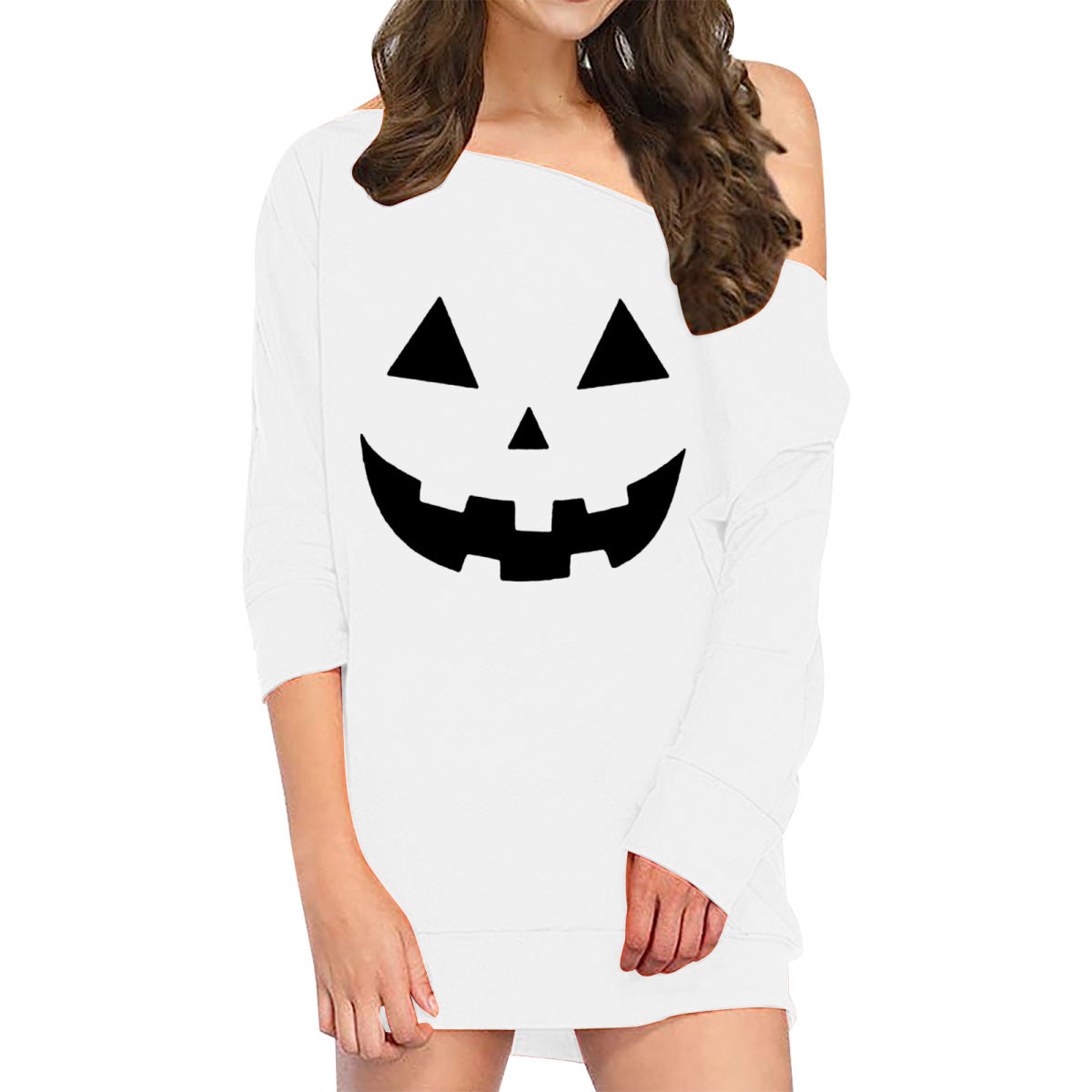Vestido holgado de manga larga con estampado de calabaza y sonrisa de Halloween para mujer