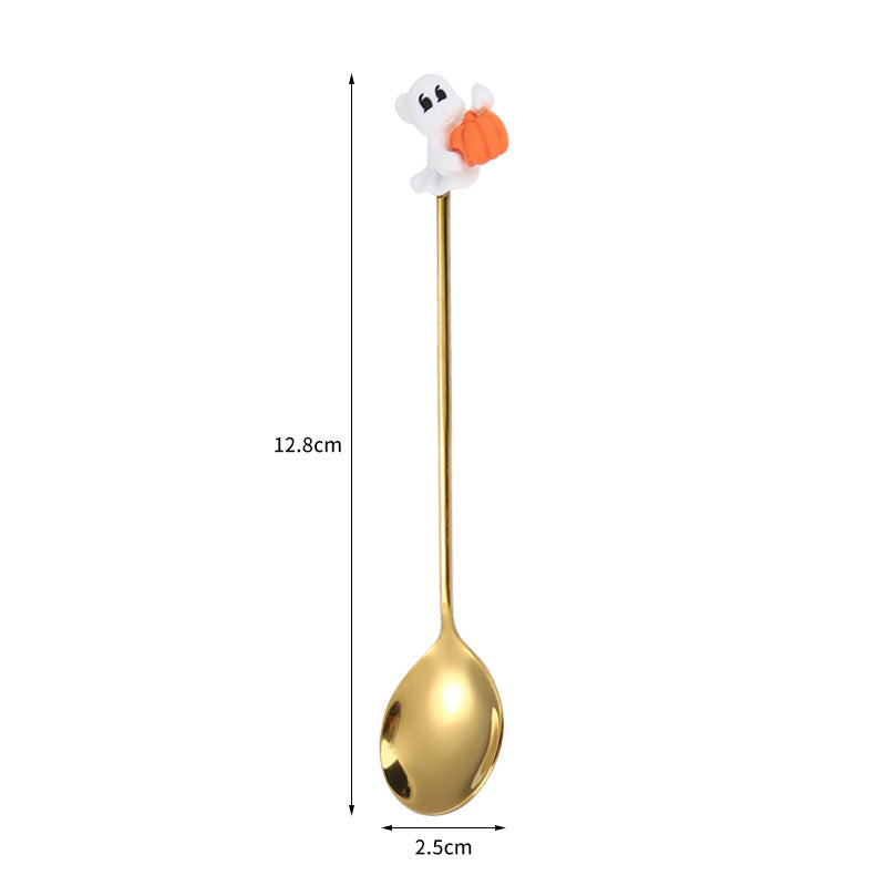 Tenedor y cuchara de acero inoxidable para postres y frutas con dibujos animados de Halloween.