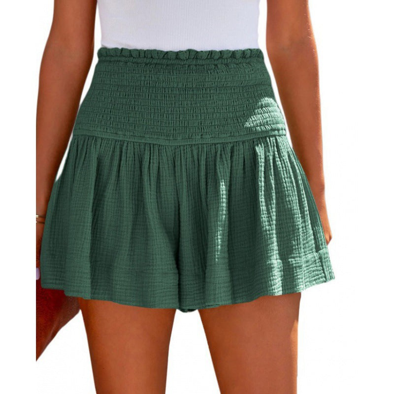 Pantalones cortos plisados de cintura alta informales de algodón y lino para mujer