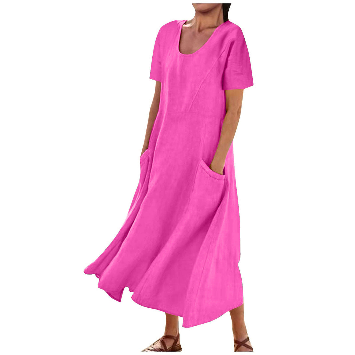 Robe décontractée en coton et lin de couleur unie pour femme