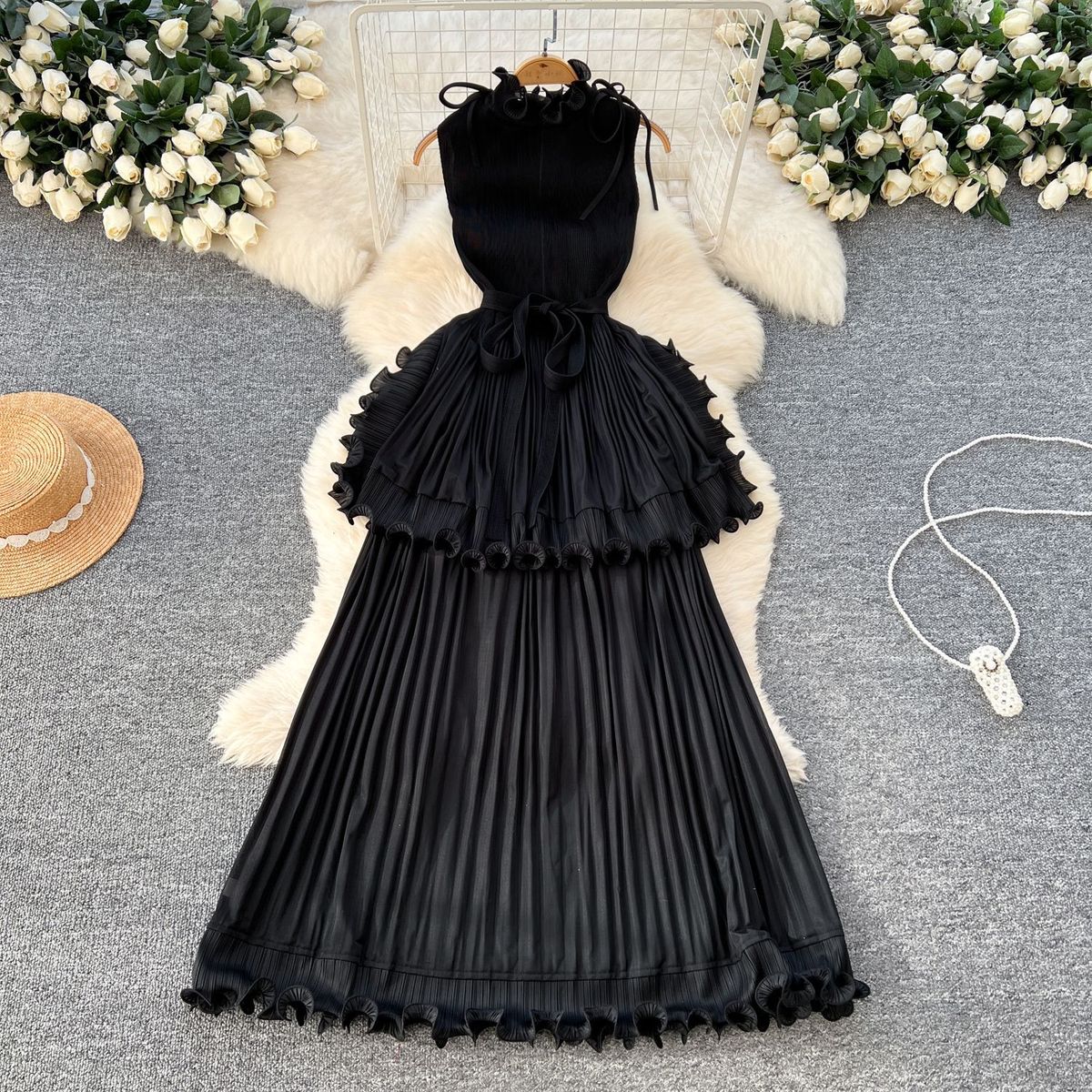 African Women Summer Pleated Ruffled Maxi Dress