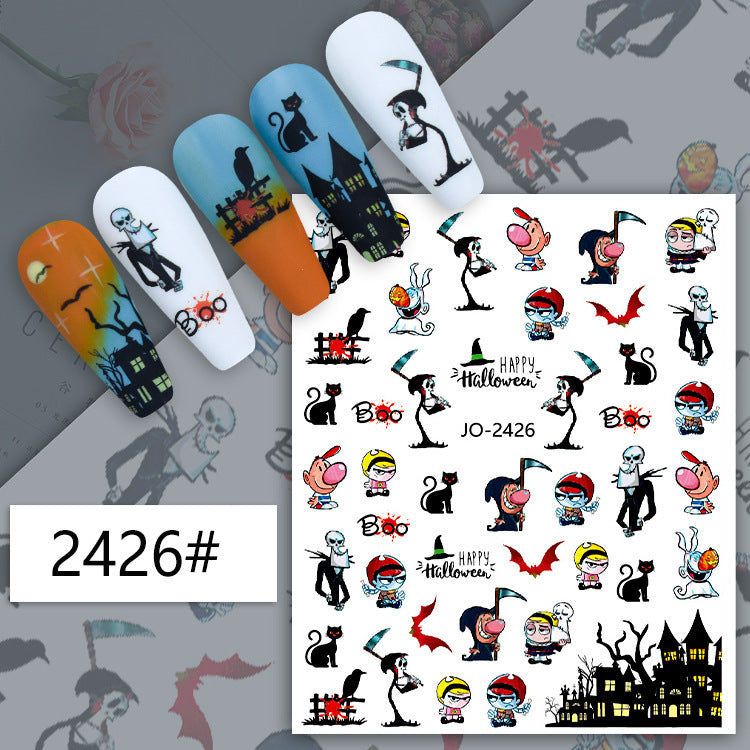 Autocollants pour ongles Halloween, motif crâne, citrouille, chat noir