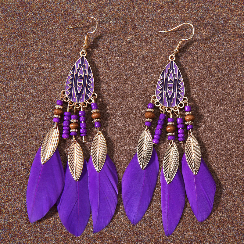 Pendientes de plumas con borlas retro de estilo étnico bohemio