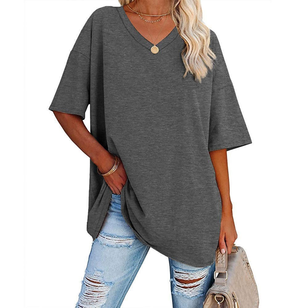 Camiseta informal holgada de manga corta con cuello en V para mujer, color liso
