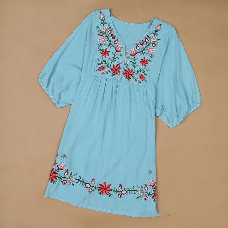 Women Casual Boho Floral Embroidered V-Neck Short-Sleeve Dress