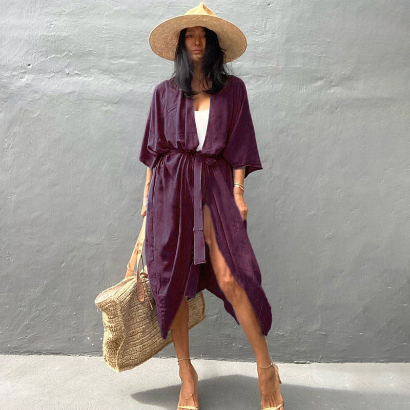 Traje de baño informal con cordones y protector solar de color sólido para mujer