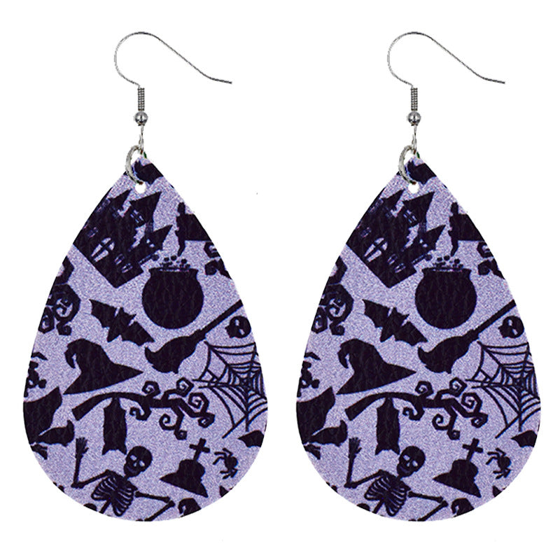 Halloween Women Fashion Leather Pumpkin Skull Earrings