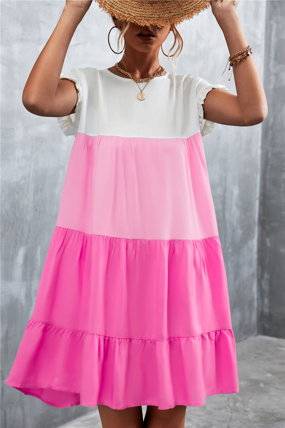 Women Bohemian Summer Short Sleeves Color Blocking Ruffled Dress