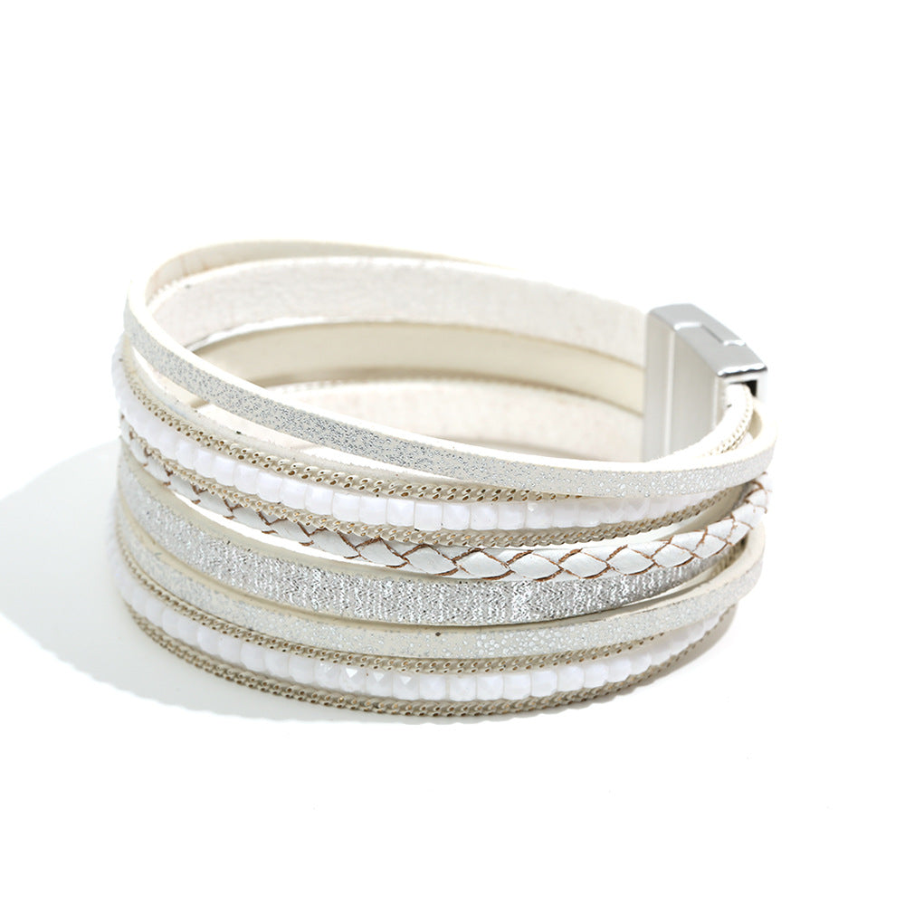 Pulsera bohemia de cuero multicapa con hebilla magnética