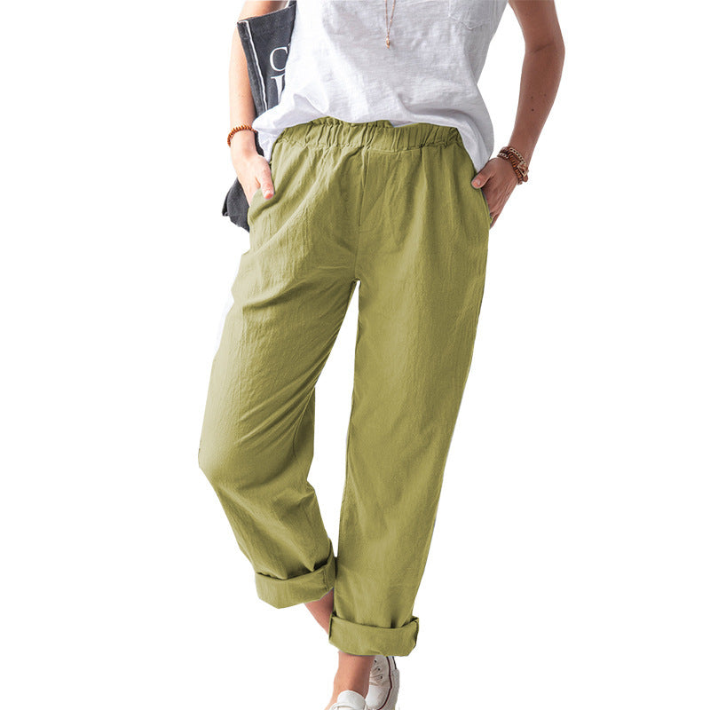 Women Casual Solid Color Cotton And Linen Pants