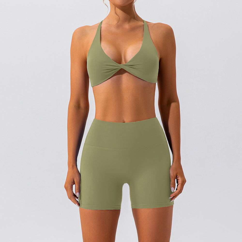 Women Fashion Solid Color Halter-Neck Crop Top Set