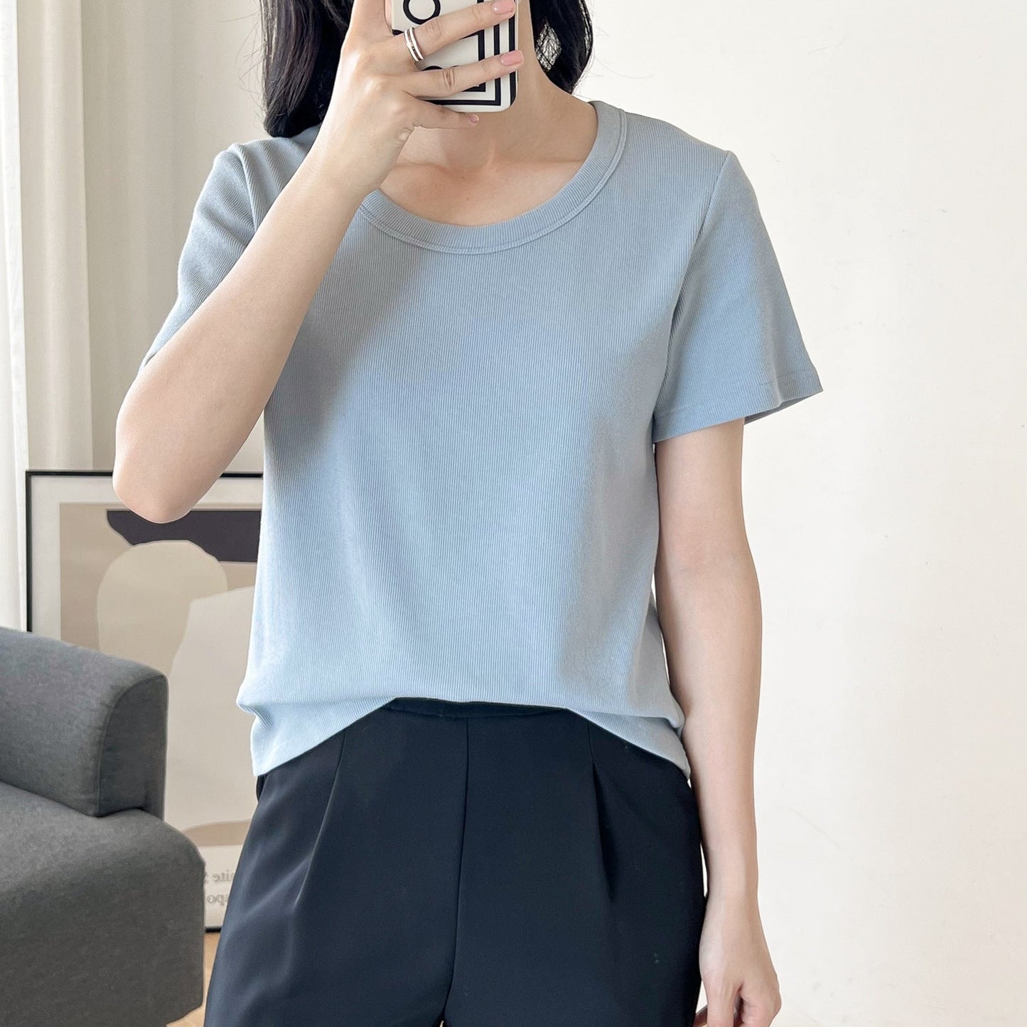 Fashion Basic Women Solid Color Rib-Knit Short Sleeve Blank T-Shirt