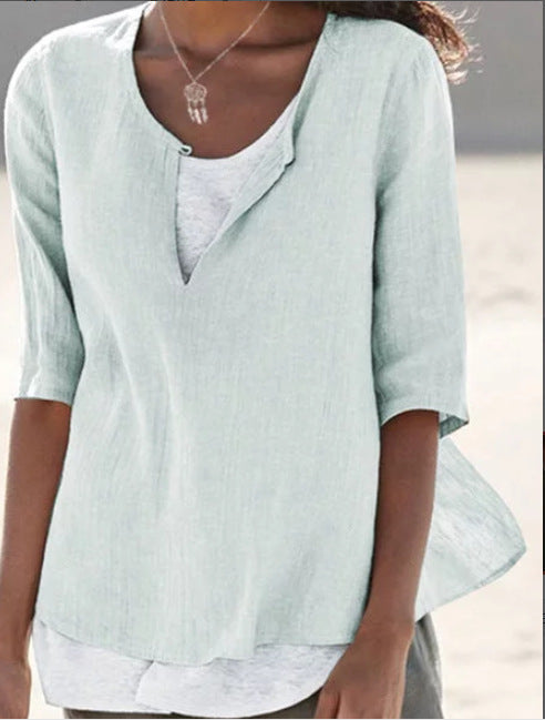 Blusa informal de lino con cuello en V y color liso para mujer