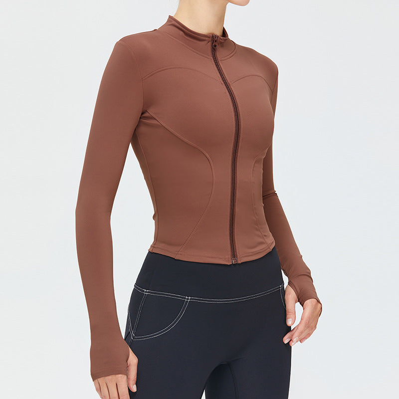Veste de sport décontractée à manches longues et fermeture éclair pour femme, couleur unie, idéale pour le yoga