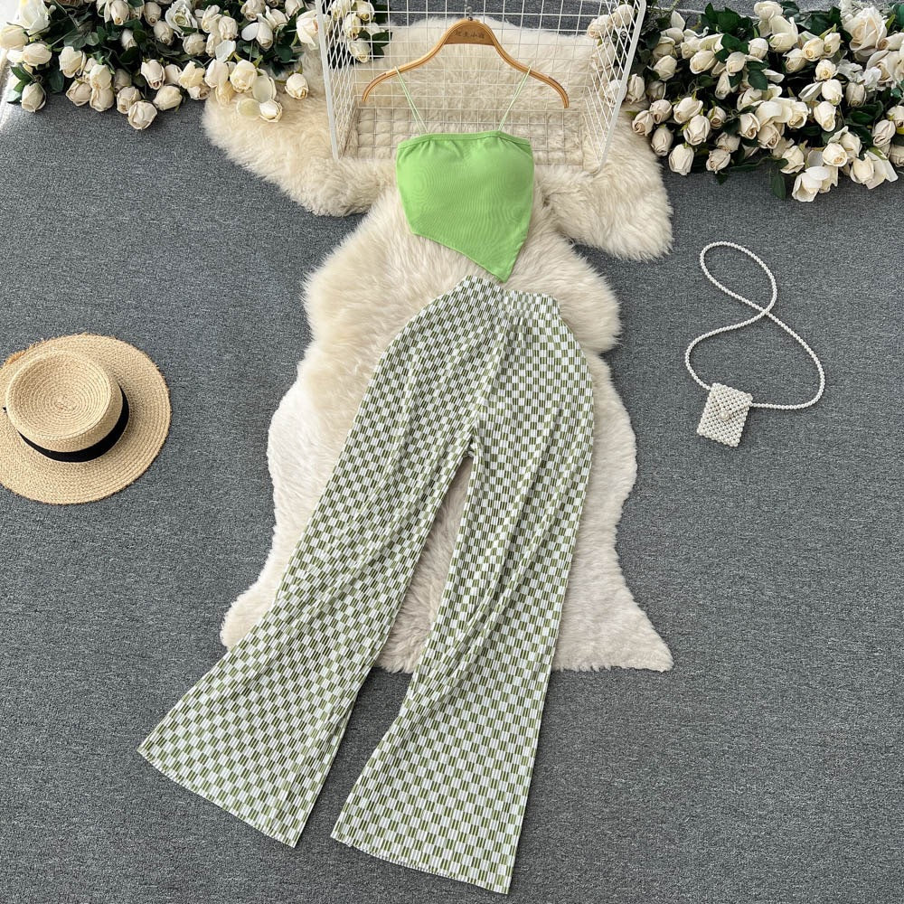 Ensemble deux pièces pour femme, caraco à bretelles spaghetti et pantalon large en tissu mélangé