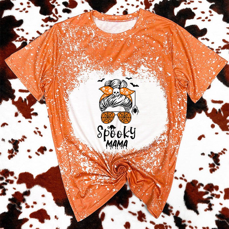 Camiseta de manga corta con estampado naranja de Halloween para mujer