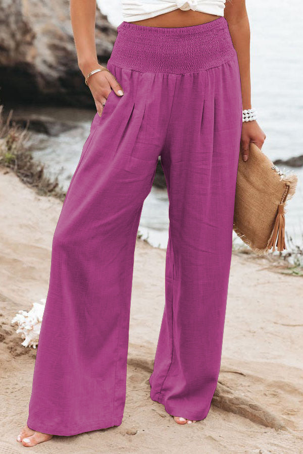 Pantalones anchos de lino y algodón para mujer con bolsillos