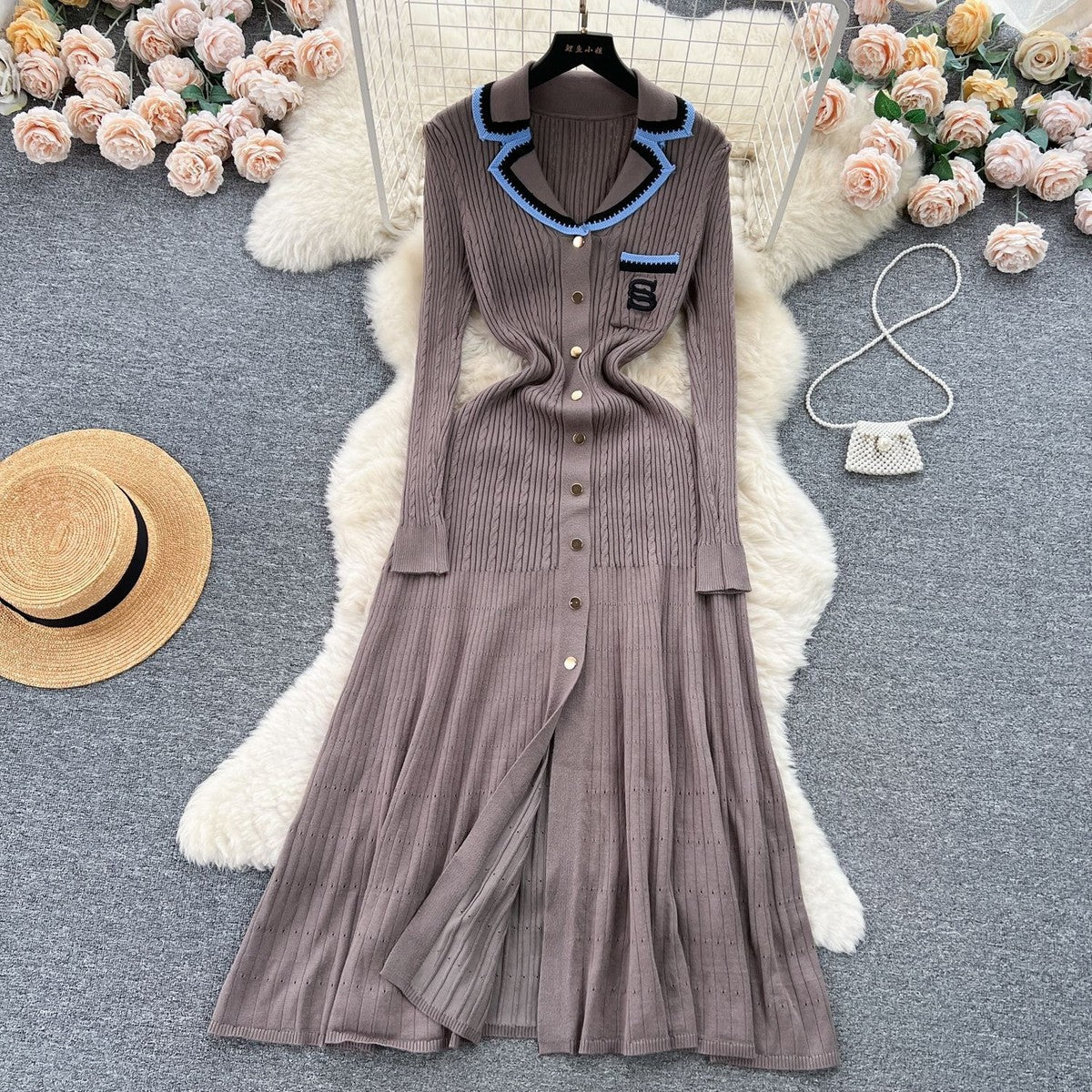 Women Fashion Elegant Contrast Color Knitted Dress