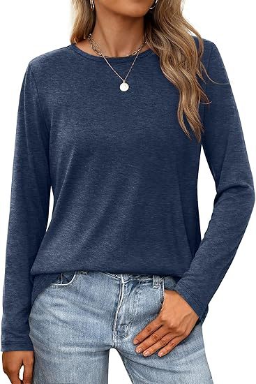 Summer Women Casual Solid Color Round Neck Long Sleeve Blank T-Shirt