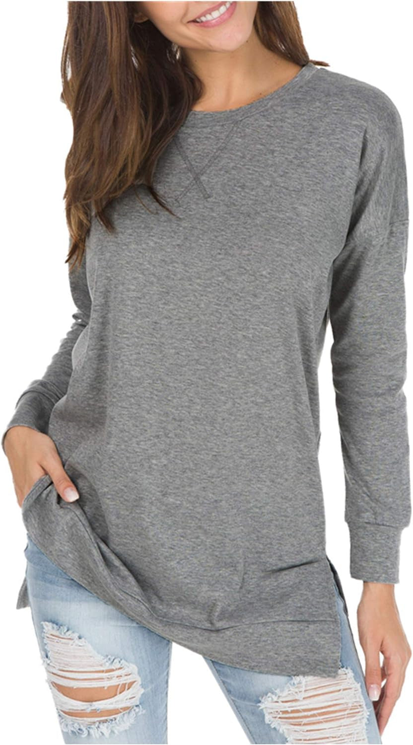 Women Simple Solid Color Round Neck Long Sleeve Blank T-Shirt