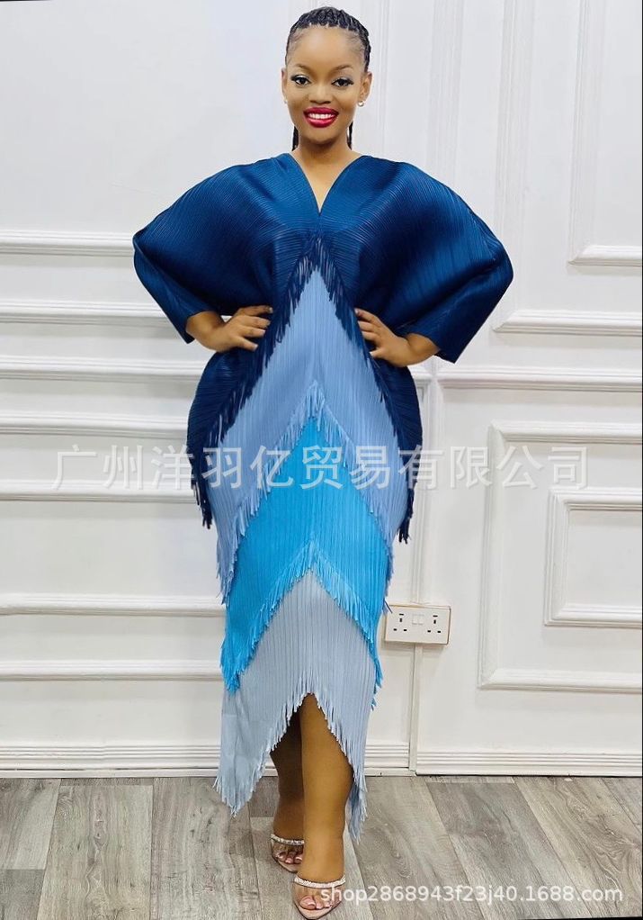 African Women Fashion Pleated Color Matching Dress